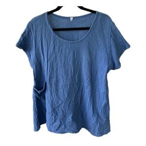 100% Cotton Blue Pullover Crew Neck Crinkle Shark Bite Hem Tunic Blouse Top L XL